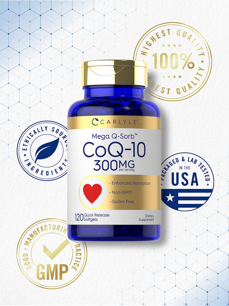 Carlyle CoQ10 300mg | 120 Softgels | Mega Q-Sorb Coenzyme Q-10 | with Black Pepper Extract | Non-GMO, Gluten Free 120 Count (Pack of 1)