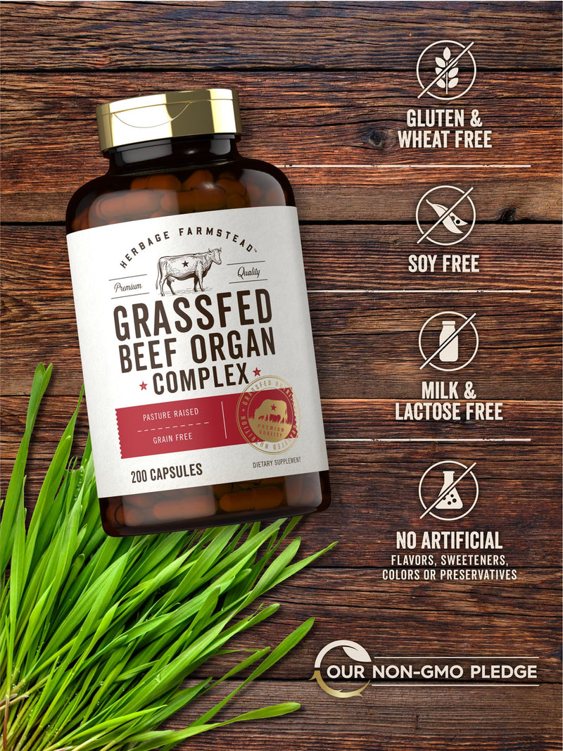 [Australia] - Carlyle Grass Fed Beef Organ Complex | 200 Capsules | Pasture Raised, Grain Free Supplement | with Desiccated Liver, Kidney, Pancreas, Heart, Spleen | Non-GMO, Gluten Free | by Herbage Farmstead 