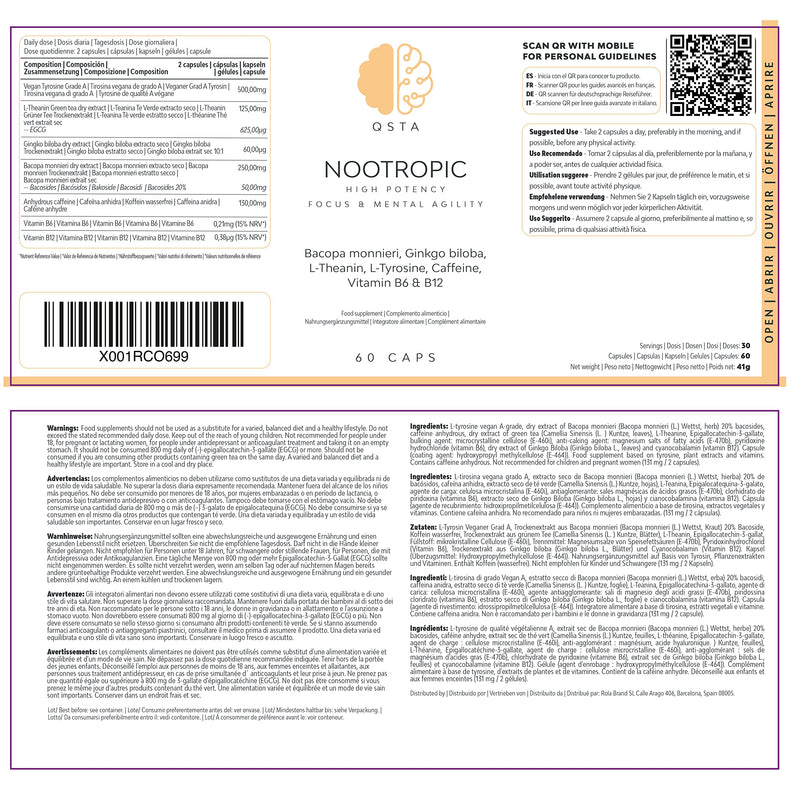 Nootropics Brain Supplement, Unique High Potency Cognitive Enhancer for Energy, Focus, Brain Function, Mental Alertness & Memory with Bacopa Monnieri, Ginkgo, Tyrosine, Theanine, Brain Vitamins