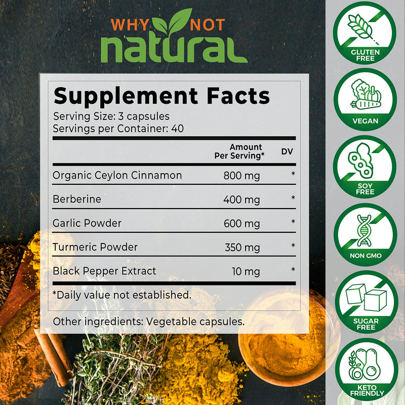 [Australia] - 5-in-1 Organic Ceylon Cinnamon Capsules with Berberine, Garlic, Turmeric, Black Pepper Extract Pills (120 Capsules) 120 Count (Pack of 1) 