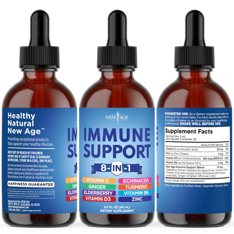 NEW AGE 8-in-1 Immune Support Liquid Drops – Elderberry, Turmeric Curcumin, Echinacea, Ginger, Vitamins C & D3, Zinc & B6 – Fast-Absorbing Immune & Antioxidant Support – Vegan, Non-GMO – 2 oz 2 Fl Oz (Pack of 1)