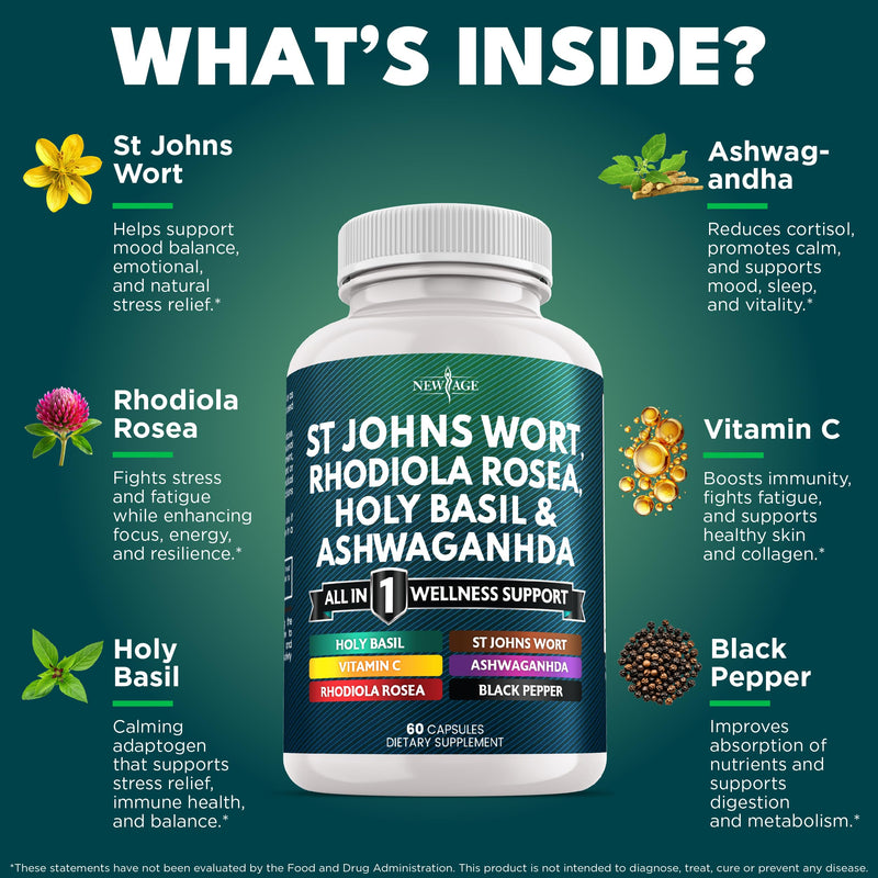 [Australia] - NEW AGE St Johns Wort, Rhodiola Rosea, Holy Basil, Ashwagandha - Support for Women and Men with Vitamin C & Black Pepper Extract - 120 Count 60 Count (Pack of 2) 