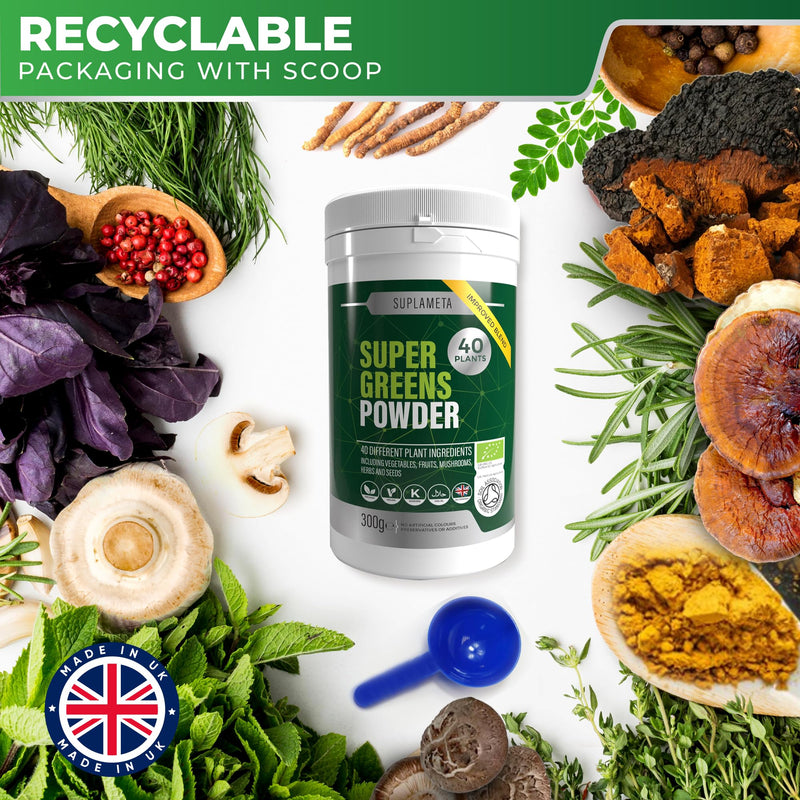 Organic Super Greens Powder | 40 Plant Ingredients for Gut Health | Vegan & Gluten-Free Greens Supplement | 30 Day Supply of Gut Health Powder - Vegetable with Extra Mushrooms 300 g (Pack of 1)
