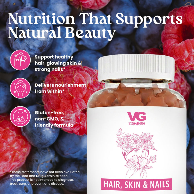 VITA GLOBE Hair Skin & Nails Gummies with Collagen 20mg + Biotin, Vegan | Hair, Skin & Nails Support, Vitamins A C D E B6, Non-GMO, Chewable Daily Vitamins, 60 Gummies 60 Count (Pack of 1)