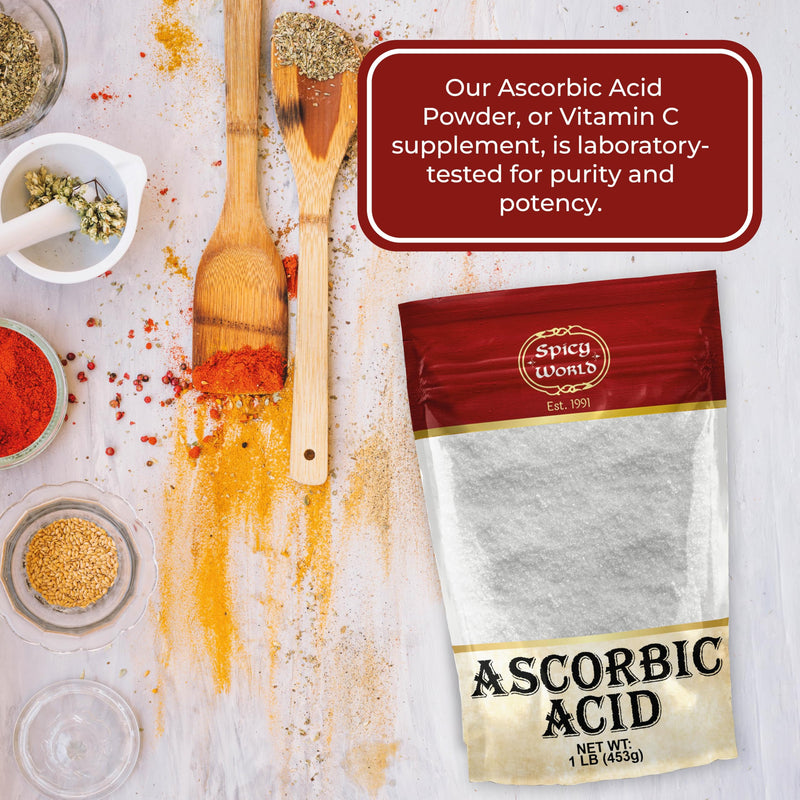 Spicy World Ascorbic Acid 1 LB Bulk Bag - Pure Vitamin C Powder - 100% Pure, Food Grade, Can be Used for Canning, Fruit, Pools - USP Grade 16 Ounce (Pack of 1)