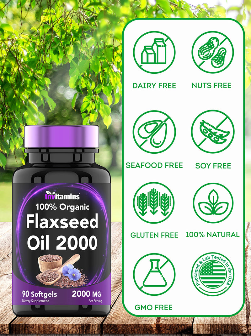 [Australia] - Organic Flaxseed Oil Softgels: 2000 mg x 90 Softgels | High in Omega-3 Fatty Acids | Flaxseed Oil Supplement for Women & Men | Non-GMO 