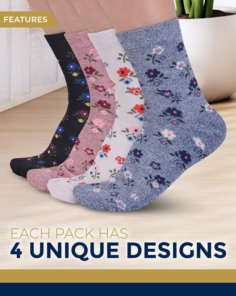 [Australia] - Pembrook Ankle Diabetic Socks for Women & Men - 4 Pairs Flowers, Moisture-Wicking Non Binding Socks Women, Neuropathy and Edema, Stretchy Wide Top Large Flowers Set 1 - 4 Pairs 