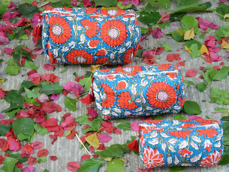 INDACORIFY 100% Cotton Block Print Cosmetic Toiletry Bags Boho Beauty Toiletry Kits Travel Case Pouch for Women's Printed Cotton Tote Bag (Pattern- 3) Pattern- 3