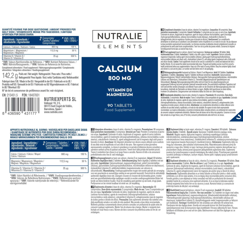 Calcium Magnesium Vitamin D - 800mg Calcium Carbonate - CalciumSupplement with Magnesium and Cholecalciferol - 90 Vegan Tablets Nutralie