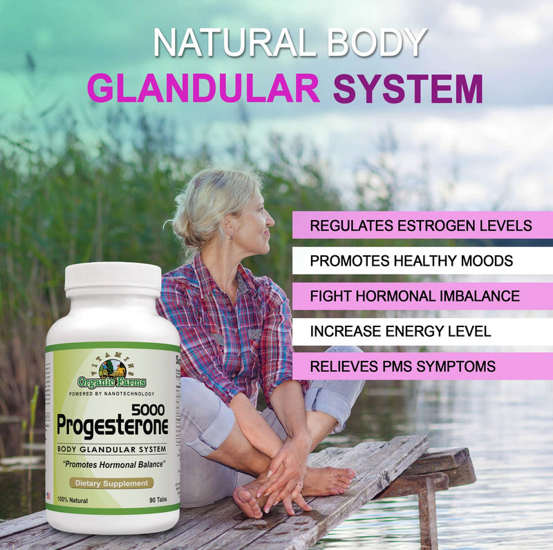 Organic Farm Vitamins Progesterone 5000 - Body glandular System Dietary Supplement, 100% Natural Progesterone Pills - Formula to Balance Hormones - progesterone Supplement, 90 Tablets