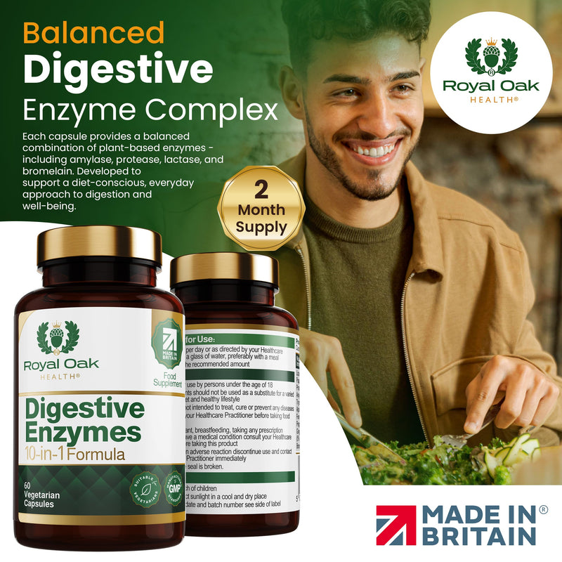 Digestive Enzymes - Broad Spectrum 10 in-1 Formula - with Amylase, Protease, Lipase, Papain & Bromelain - 60 Vegan Capsules, UK Made