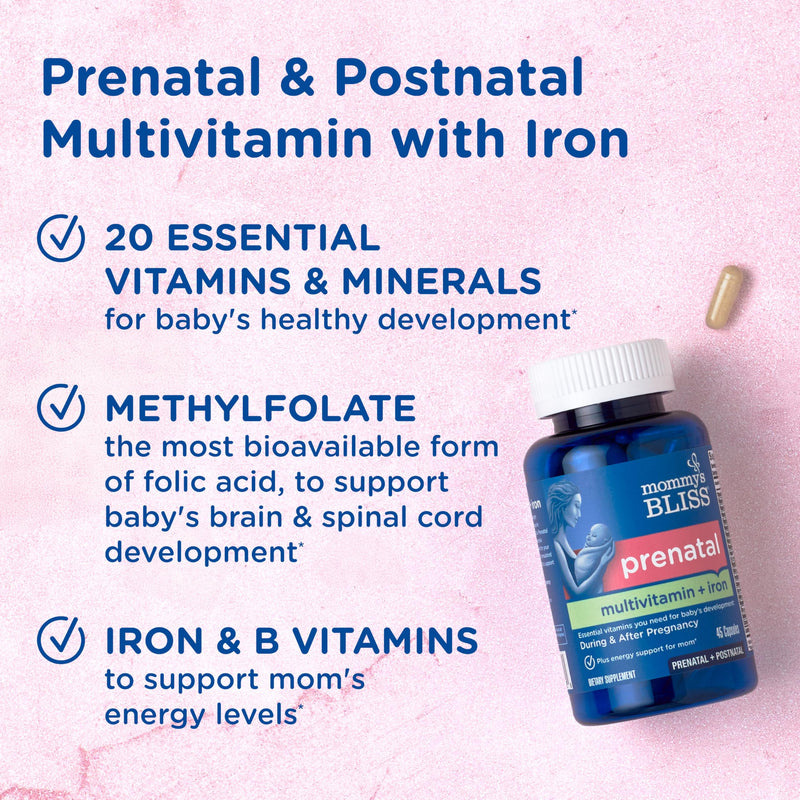 Mommy's Bliss Prenatal Multivitamin with Iron & Folic Acid, 45 Servings | Supports Baby Development + Mom Immune System & Energy Levels w/ B Vitamins & Probiotics, Vegan & Gluten Free 45 Count (Pack of 1) Prenatal Multivitamin + Iron Capsules
