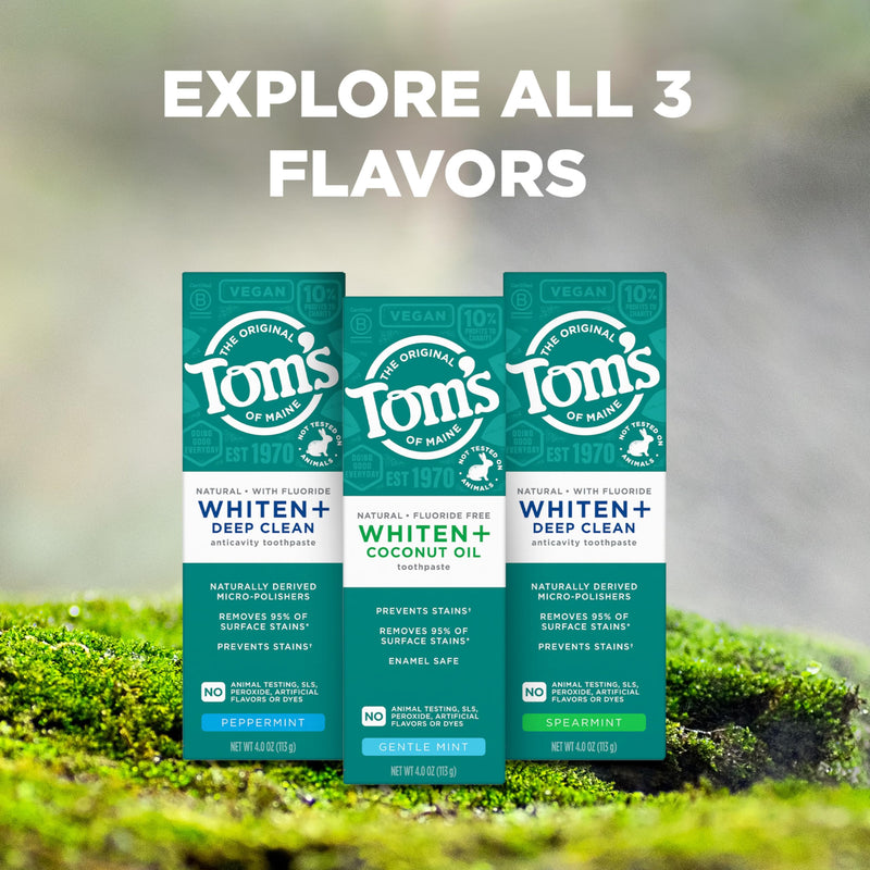 Tom's of Maine Whiten Plus Deep Clean Whitening Toothpaste, Natural Whitening Toothpaste with Plant-Based Cleansers, Enamel Safe, Whitens Without Causing Sensitivity, Peppermint, 4.0 oz (Pack of 3) Peppermint - Fluoride 4 Ounce (Pack of 3)