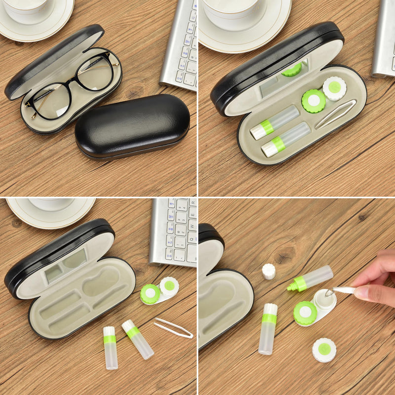 [Australia] - Muf 2 in 1 Double Sided Portable Contact Lens Case and Eyeglasses Case,Dual Use Design with Built-in Mirror,Tweezer and Contact Lens Solution Bottle Included for Travel Kit(Green) Black&Green 