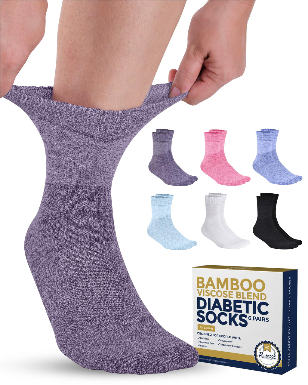 Pembrook Bamboo Viscose Diabetic Socks for Women & Men - 6 Pairs Ankle Socks for Swollen Feet | Neuropathy Socks | Wide Calf and Ankle Socks | Edema Neuropathy Socks for Women Bright Colors Large