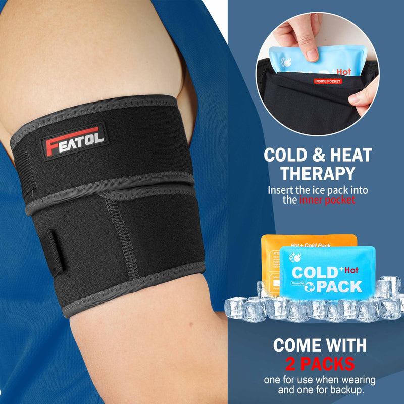 [Australia] - FEATOL Bicep Tendonitis Brace with 2 Gel Ice Packs, Upper Arm Brace Tricep Compression Sleeve Support Hot & Cold Therapy for Men and Women, Pain Relief for Muscle Strains,Inflammation (Black with 2 ice packs, Large) Black with 2 ice packs 
