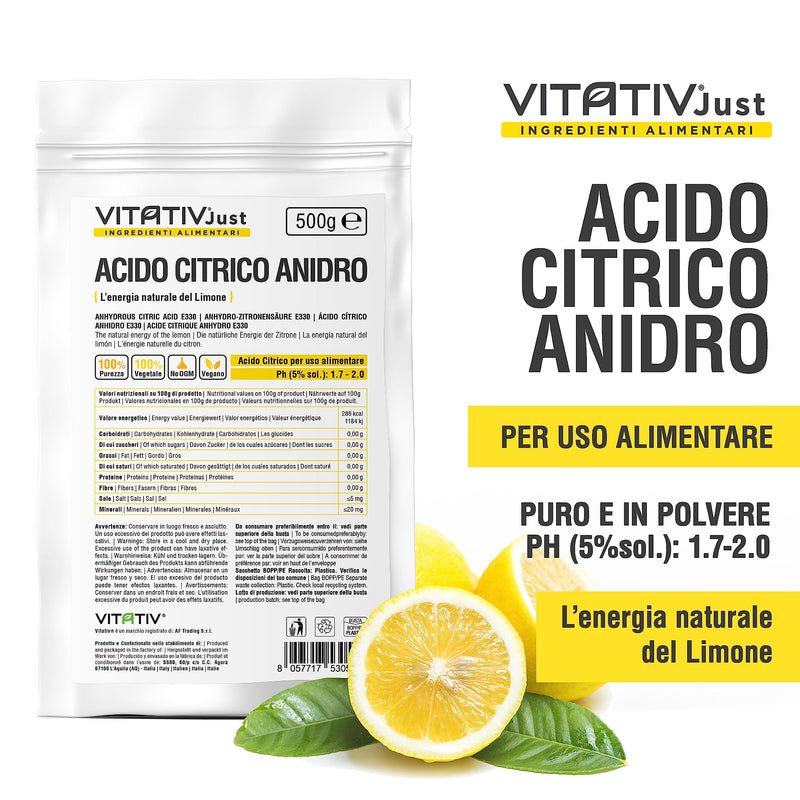 [Australia] - VITATIV - Citric acid, anhydrous, 100% pure - 500 g - food grade - preservative ideal for pastries and kitchen - acidulant in powder form for drinks and jams 