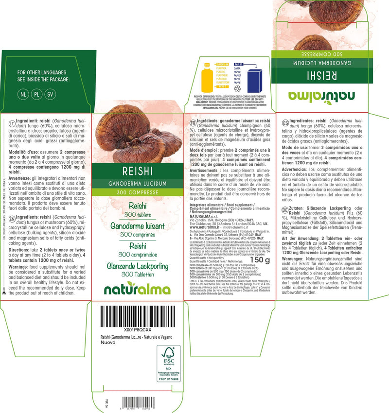 Reishi (Ganoderma lucidum) Fungus or Mushroom Naturalma - 150 g - 300 Tablets - Food Supplement - Natural and Vegan