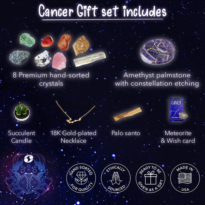[Australia] - DANCING BEAR Cancer Zodiac Healing Crystals Gift Set, (14 Pc): 9 Stones, 18K Gold-Plated Constellation Necklace, Meteorite, Succulent Candle, Palo Santo Smudge Stick, and Info Guide, Made in The USA 