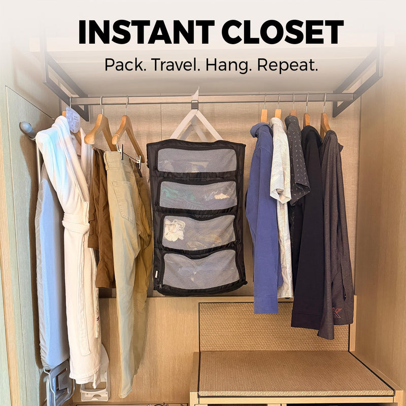 Hanging Suitcase Organizer – Instant Travel Closet with Built-In Compression | 4-Compartment Wardrobe Packing Cubes for Carry-On & Checked Luggage | Travel Essentials for Men & Women