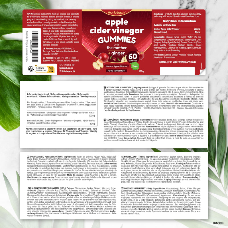 [Australia] - Apple Cider Vinegar Gummies | With the vinegar nut & ginger extract | 60 vegan apple flavored gummy bears | Apple Cider Vinegar Vegan Soft Gummies | from Horbaach 
