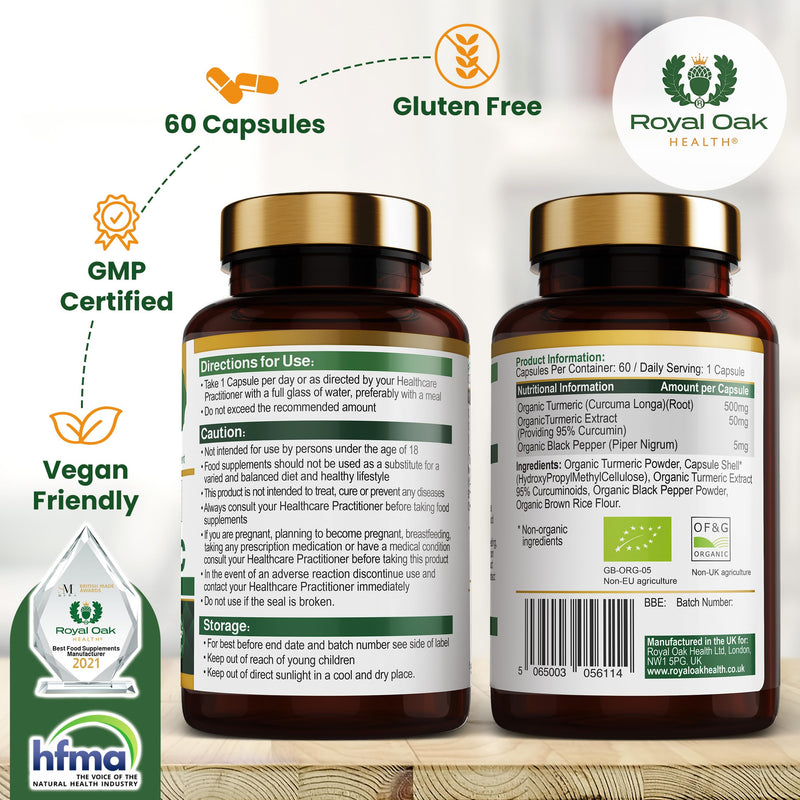 Organic Turmeric and Black Pepper Capsules with 95% Curcumin, tumeric Supplements high Strength, Certified Organic by Soil Association, 60 Vegan Capsules 60 Count (Pack of 1)