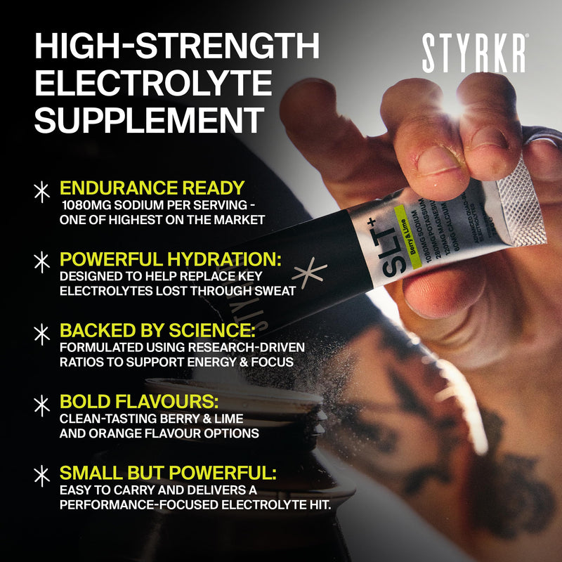 Styrkr SLT+ High Sodium Electrolyte Powder Sachets (30 Servings 1000mg+ Sodium) – Zero Sugar Hydration Drink Mix for Running, Cycling & Endurance – Electrolytes with Magnesium & Potassium (Berry/Lime) Berry & Lime