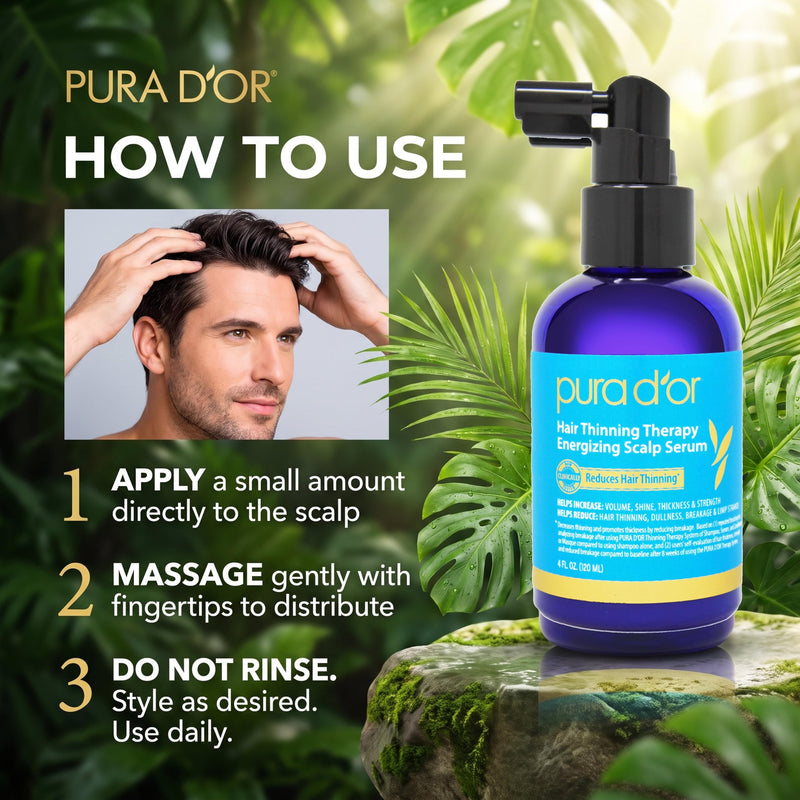 PURA D'OR Hair Thinning Therapy Energizing Scalp Serum 4oz w/Copper Tripeptide, Biotin, Caffeine, Plant Stem Cell, Catalase & DHT Balance, Rosemary Green Tea Leaf Extract, All Hair Types, Men Women | Stronger-Looking Roots, Clinically Tested, Caffeine,...