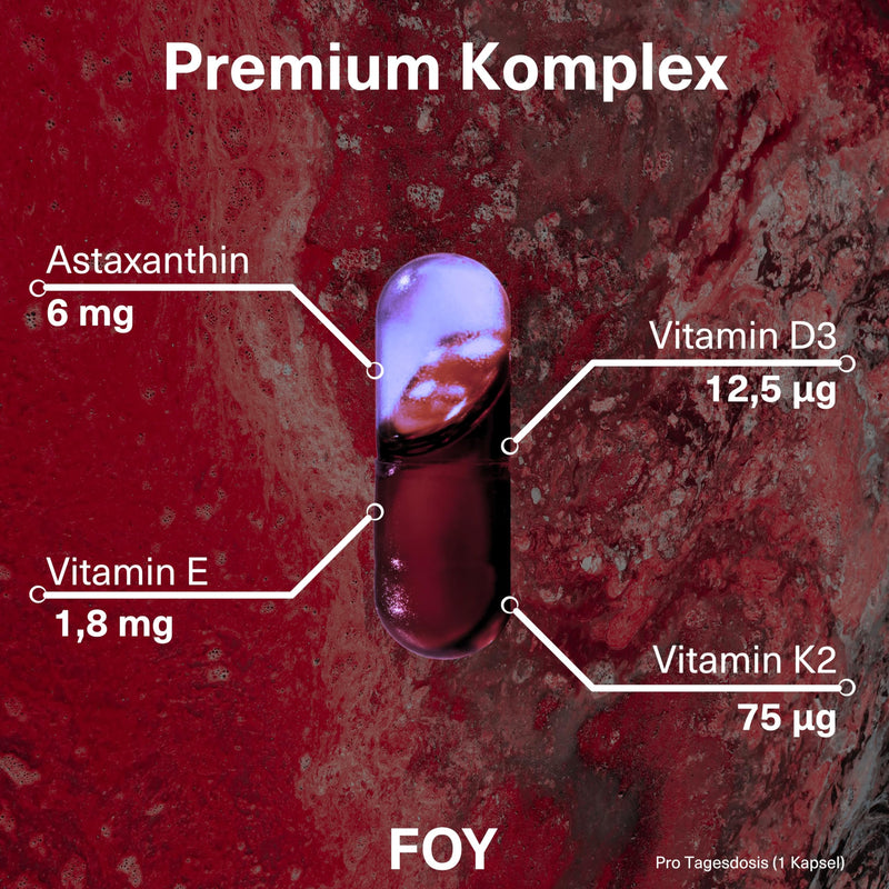 [Australia] - FOY® Vitality Astaxanthin vegan + Vitamin D3 + K2 + E (antioxidant) + MCT oil for high bioavailability - 60 high-dose premium capsules, laboratory tested 