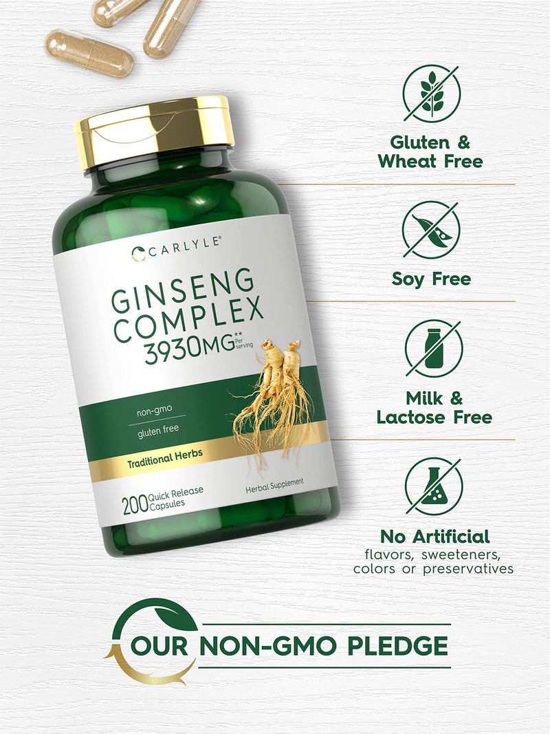 Carlyle Ginseng Complex Capsules | 200 Count | Non-GMO and Gluten Free Extract | Traditional Herbal Root Supplement