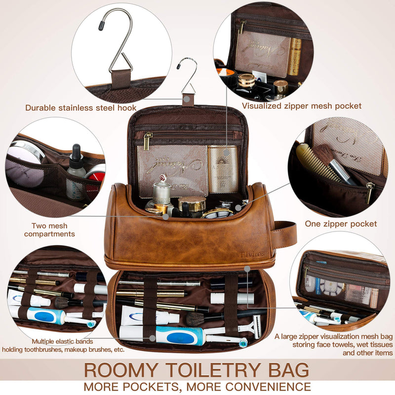 Elviros Toiletry Bag for Men, Large Travel Shaving Dopp Kit Water-resistant Bathroom Toiletries Organizer PU Leather Cosmetic Bags