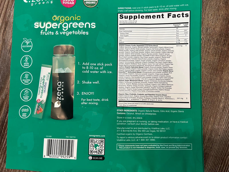 [Australia] - Zena Nutrition Organic Super Greens Powder, 70+ Superfoods, 0 Sugar, 3G Fiber, Spirulina, Chlorella, Antioxidants, Prebiotics/Probiotics, Digestive Enzymes, Mixed Berry, 30 Drink Mix Packets 30 Servings (Pack of 30) 