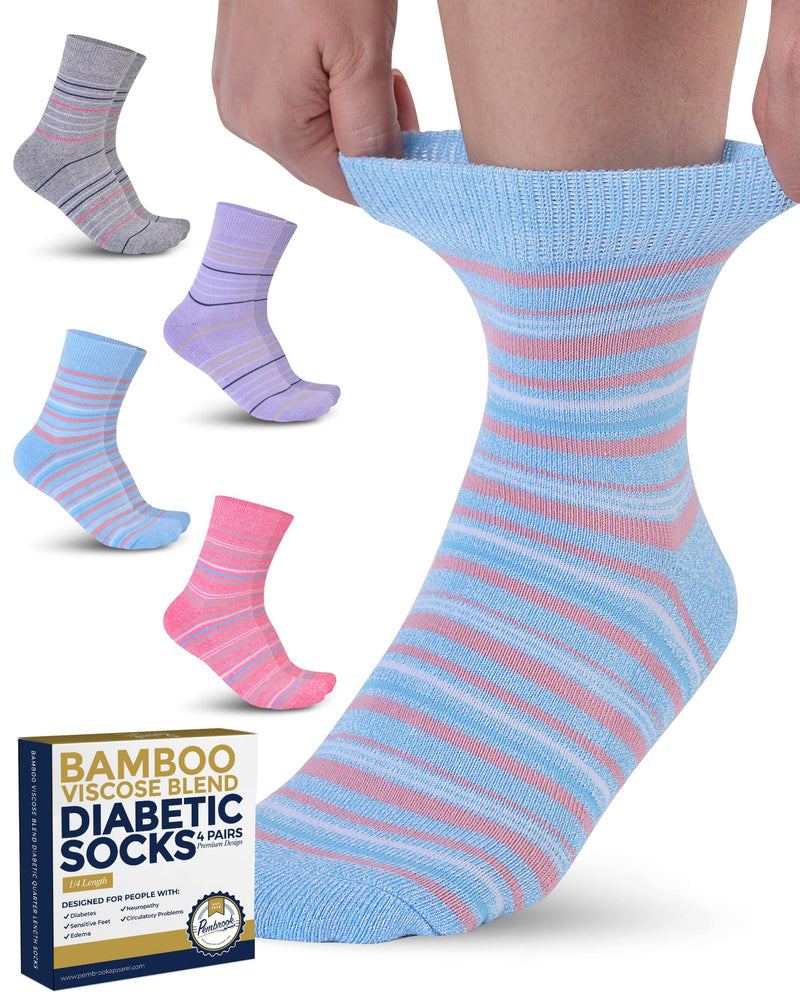 Pembrook Diabetic Socks for Women & Men - 4 Pairs Ankle Bamboo Viscose Socks Woman | Womens Diabetic Socks Size 9-11 Large Grey, Blue, Pink, Purple Stripes