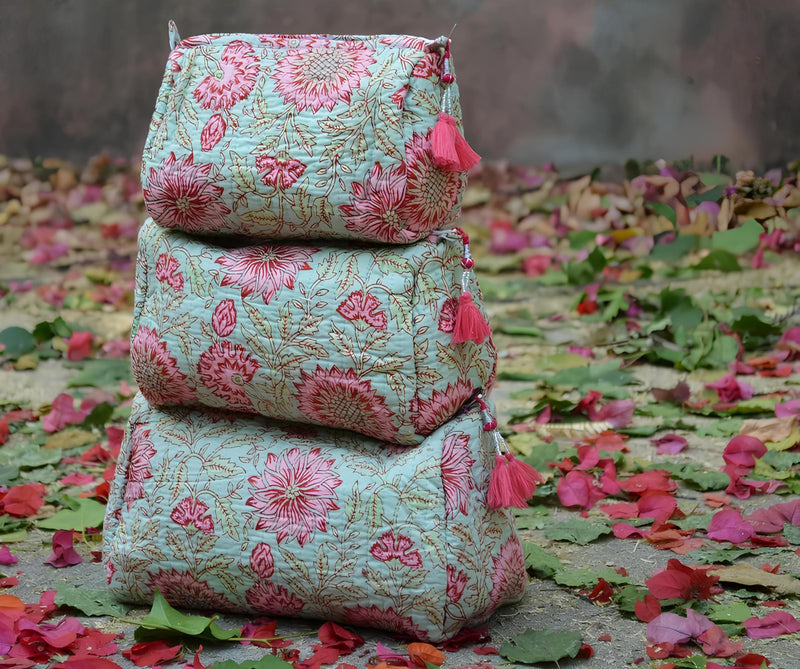 INDACORIFY Indian Cotton Floral Block Print Toiletry Travel & Make up Pouch Set of 3 Pieces Quilted Bags Shaving Kit