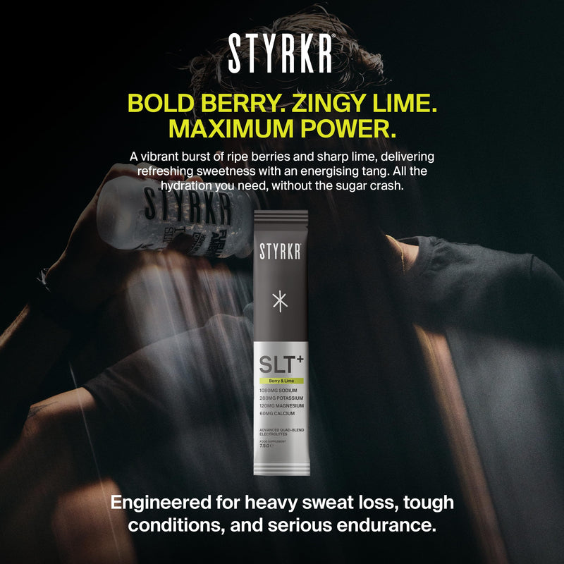 Styrkr SLT+ High Sodium Electrolyte Powder Sachets (30 Servings 1000mg+ Sodium) – Zero Sugar Hydration Drink Mix for Running, Cycling & Endurance – Electrolytes with Magnesium & Potassium (Berry/Lime) Berry & Lime