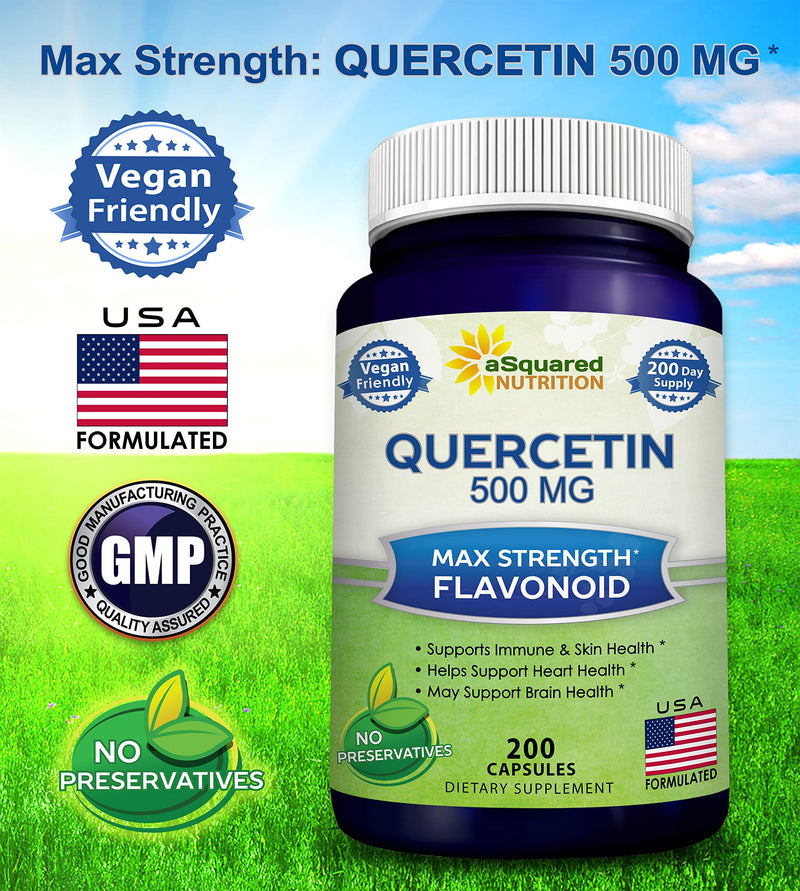 [Australia] - aSquared Nutrition Quercetin 500mg Supplement - 200 Capsules - Quercetin Dihydrate to Support Cardiovascular Health - Max Strength Powder Complex Pills to Help Improve Immune Response 
