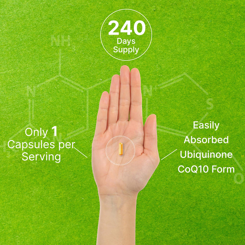 [Australia] - CoQ10 100mg, 240 Capsules – with Omega 3 Fatty Acid 100mg – Bioavailable Coenzyme Q10 Supplements – Heart, Energy, & Brain Health Antioxidant Support – Non-GMO, One A Day 240 Count (Pack of 1) 