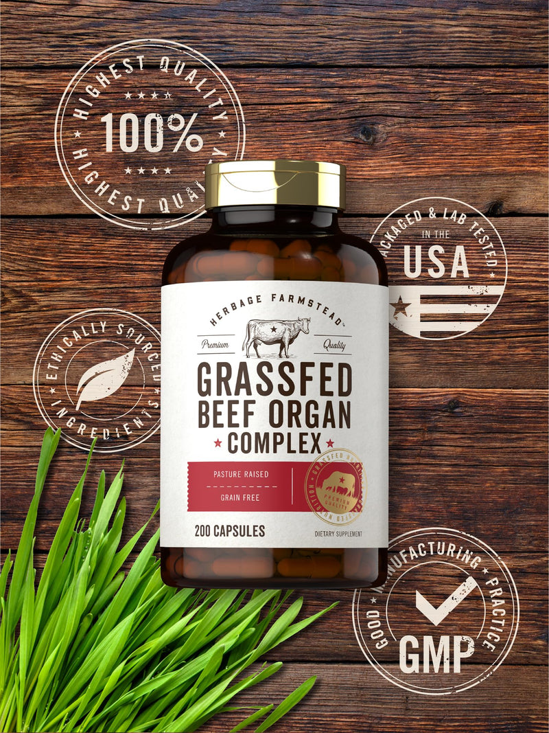 [Australia] - Carlyle Grass Fed Beef Organ Complex | 200 Capsules | Pasture Raised, Grain Free Supplement | with Desiccated Liver, Kidney, Pancreas, Heart, Spleen | Non-GMO, Gluten Free | by Herbage Farmstead 