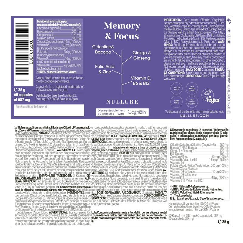 Nullure Memory & Focus | Nootropic Brain Supplement | Concentration · Energy · Focus | Citicolin COGNIZIN + Ginkgo Biloba 6000mg + Bacopa Monnieri + Ginseng | Caffeine Free | 60 Capsules