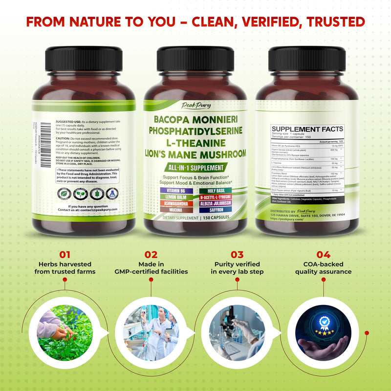 [Australia] - Premium Bacopa, Phosphatidylserine, L-Theanine & Lion‚Äôs Mane ‚Äì All-in-1 Supplement for Focus, Brain Function & Emotional Balance ‚Äì Made in The USA ‚Äì 150 Capsules 150 count (pack of 1) 