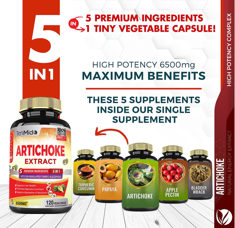 [Australia] - Artichoke Supplement Extract Capsules 6500mg, 4 Months Supply with Papaya, Apple Pectin, Turmeric Curcumin, Bladderwrack - Supports Digestion Function - 120 Vegan Capsules 