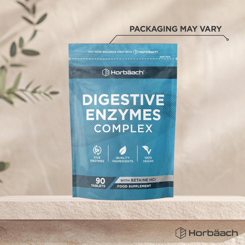 Digestive Enzyme Supplements | Complex with Betaine HCL, Amylase, Lactase, Protease, Lipase & Cellulase | 90 Vegan Tablets | by Horbaach