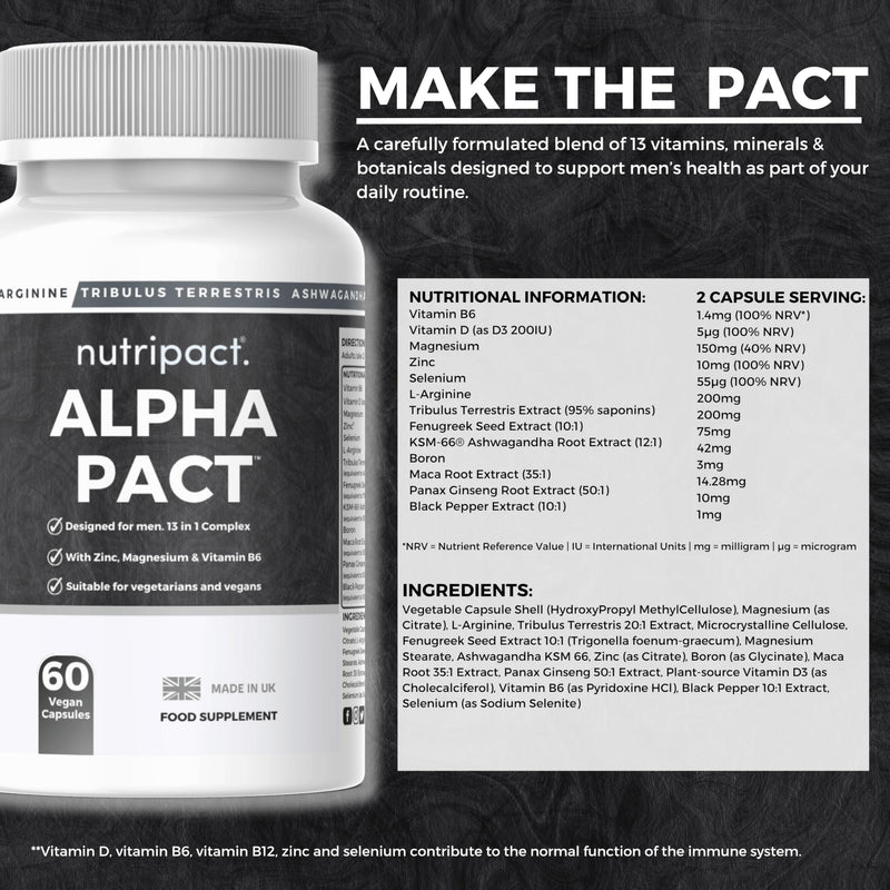 Testosterone Support for Men - Alpha Pact by Nutripact with Tribulus Terrestris, Ashwagandha, Maca, Zinc, Boron, Magnesium – 60 Vegan Capsules - Testosterone Supplements for Performance & Vitality