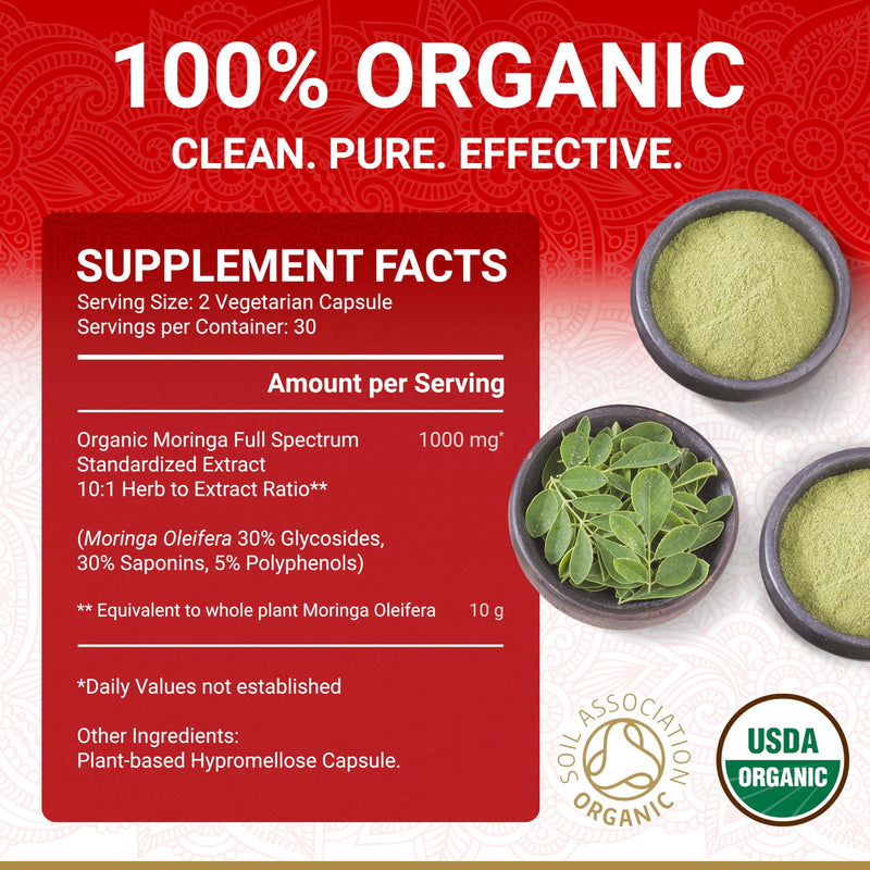 Organic Moringa Capsules - Pure Moringa Powder Leaf Supplement | Soil Association Certified Organic | UK Made Green Superplant Extract | 60 Natural Easy Swallow Ayurvedic Capsules 60 count (Pack of 1)