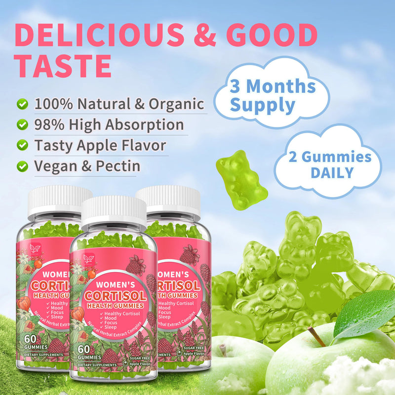 Cortisol Gummies for Women,Cortisol Manager with Ashwagandha,Magnesium,L-theanine,Phosphatidylserine,Rhodiola Rosea,Black Pepper for Mood Support,Adrenal Balance,Sleep,Vegan,Apple Flavor,180 Count 60 Count (Pack of 3)