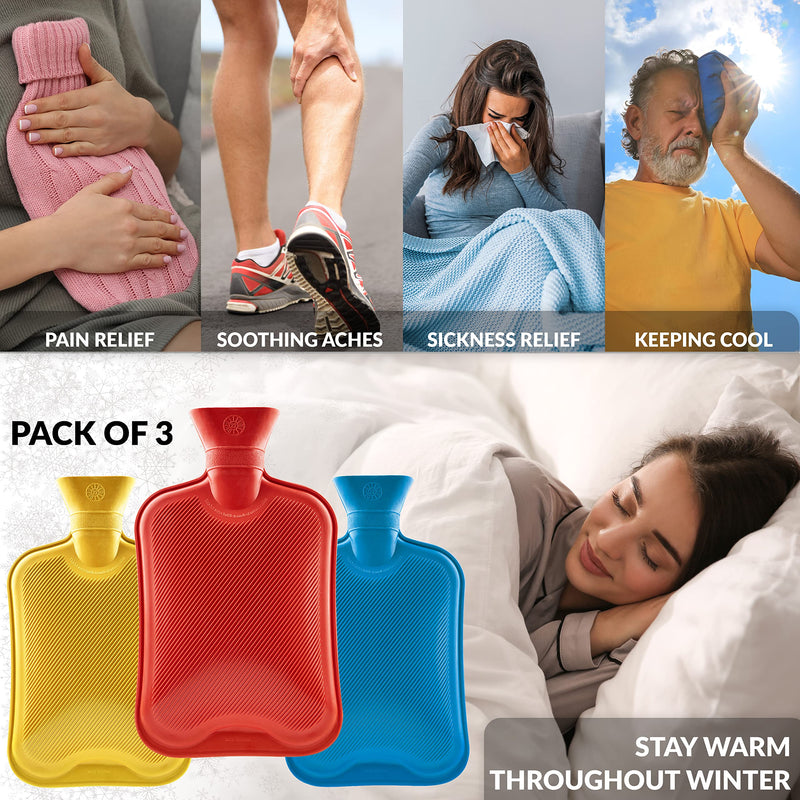[Australia] - Hot Water Bottle Without Cover, Pack of 2 and 3 Hot Water Bottles Large 1.8L Rubber, Hot Water Bottle Robust and Durable Made of Natural Rubber, Bed Bottle for Children and Adults (Blue/Red/Yellow, 3 Pack) Blue/Red/Yellow 