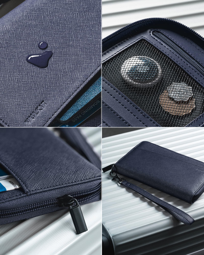 VULKIT Leather Passport Wallet RFID Blocking with Wrist Strap, Travel Document Organizer - 6 Credit Card Slots, 2 Interior + 2 Exterior Passport Slots, 2 ID Windows, Zipper Closure, Dark Blue