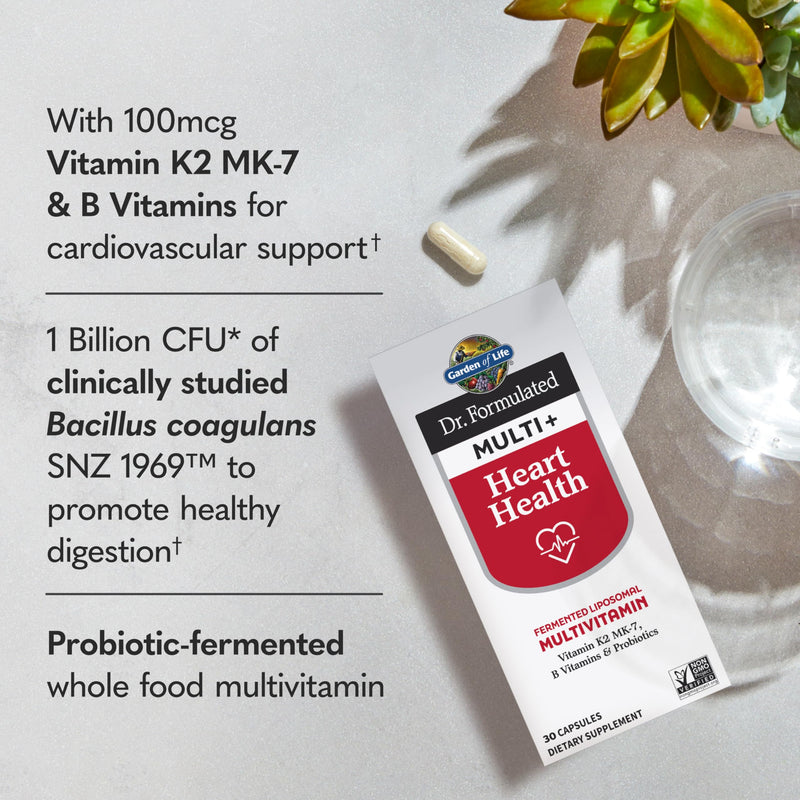 Garden of Life Dr. Formulated Multi+ Heart Health - Fermented Liposomal Multivitamin + Vitamin K2 MK-7, B Vitamins & Probiotics - One a Day for Cardiovascular & Blood Vessel Function, 30 Capsules