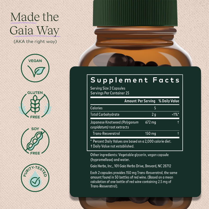 [Australia] - Gaia Herbs Resveratrol 150 - Beauty & Radiance Antioxidant Support Supplement - Made with Japanese Knotweed - Contains 150 mg Trans-Resveratrol per Serving - 50 Liquid Phyto-Capsules (25-Day Supply) Standard Packaging 
