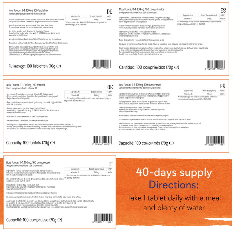 Now Foods, B-1, 100mg, 100 Vegan Tablets, Lab-Tested, Vitamin B1, Thiamine, Gluten Free, Soy Free, Vegetarian